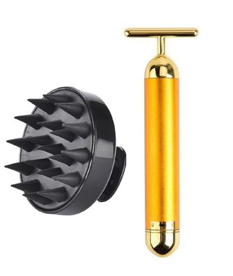 24k Gold Energy Beauty Bar Electric Vibration Facial Massage Roller Waterproof Face Skin Care T-Shaped Anti Wrinkle Massager With Hair Scalp Massager (Gold Colour)