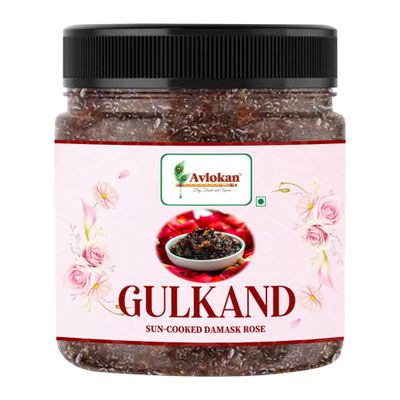 Avlokan Gulkand Sun-Cooked Rose Petal without sugar 500gm | 50% Damask Rose & 50% Dhaga Mishri | Natural, No Preservatives | Traditional Ayurvedic Sweet | Premium Damask Rose, Misri, Cardamom | Resuseable Jar
