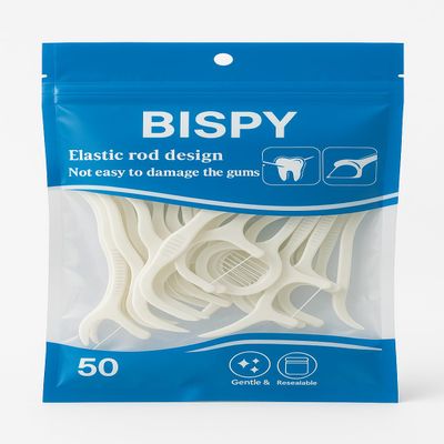 Bispy Dental Floss Picks for Teeth Cleaning 50 Count | Elastic Rod Design | Gentle on Gums | Oral Hygiene Tool with Resealable Pack | Floss Sticks for Deep Cleaning