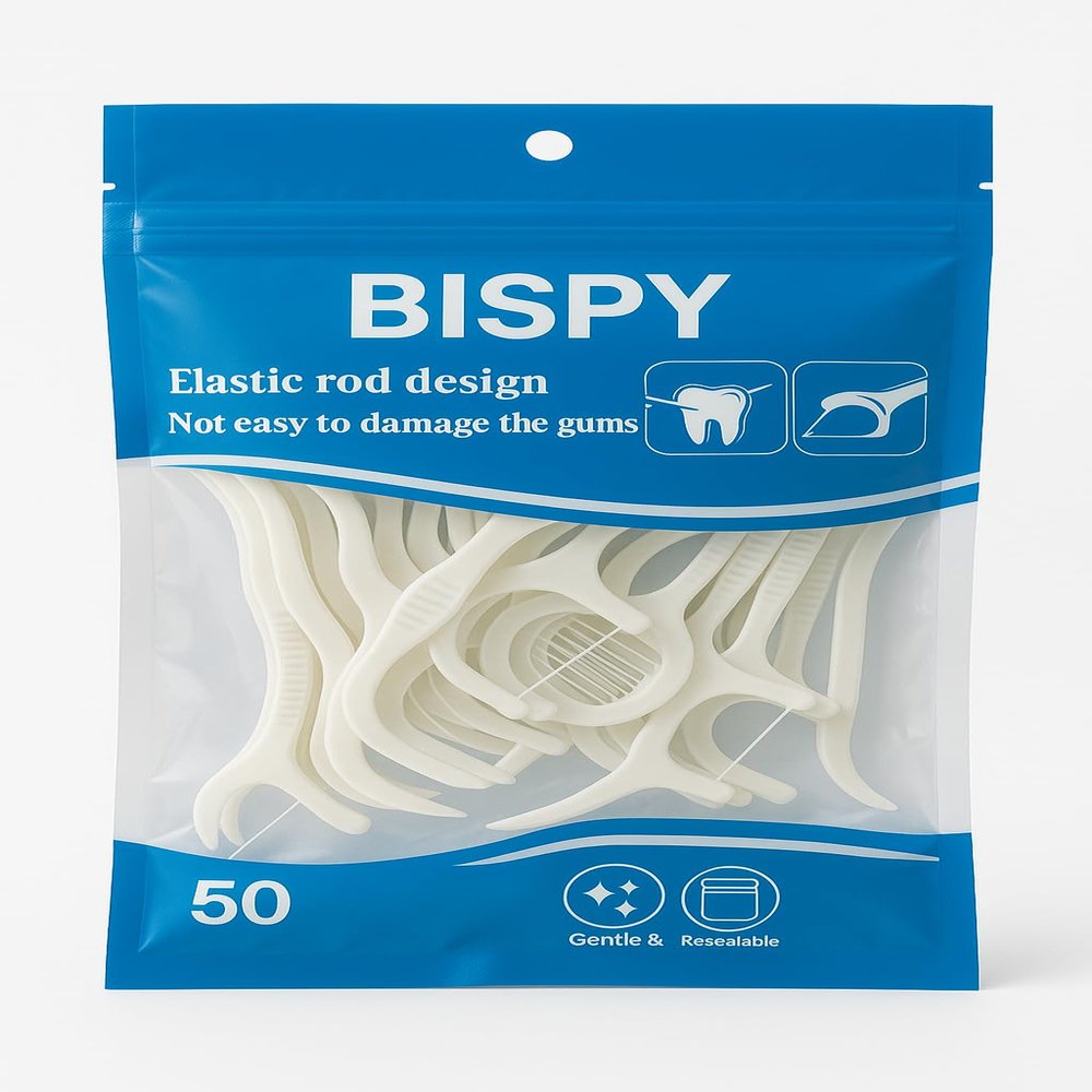 Bispy Dental Floss Picks for Teeth Cleaning 50 Count | Elastic Rod Design | Gentle on Gums | Oral Hygiene Tool with Resealable Pack | Floss Sticks for Deep Cleaning