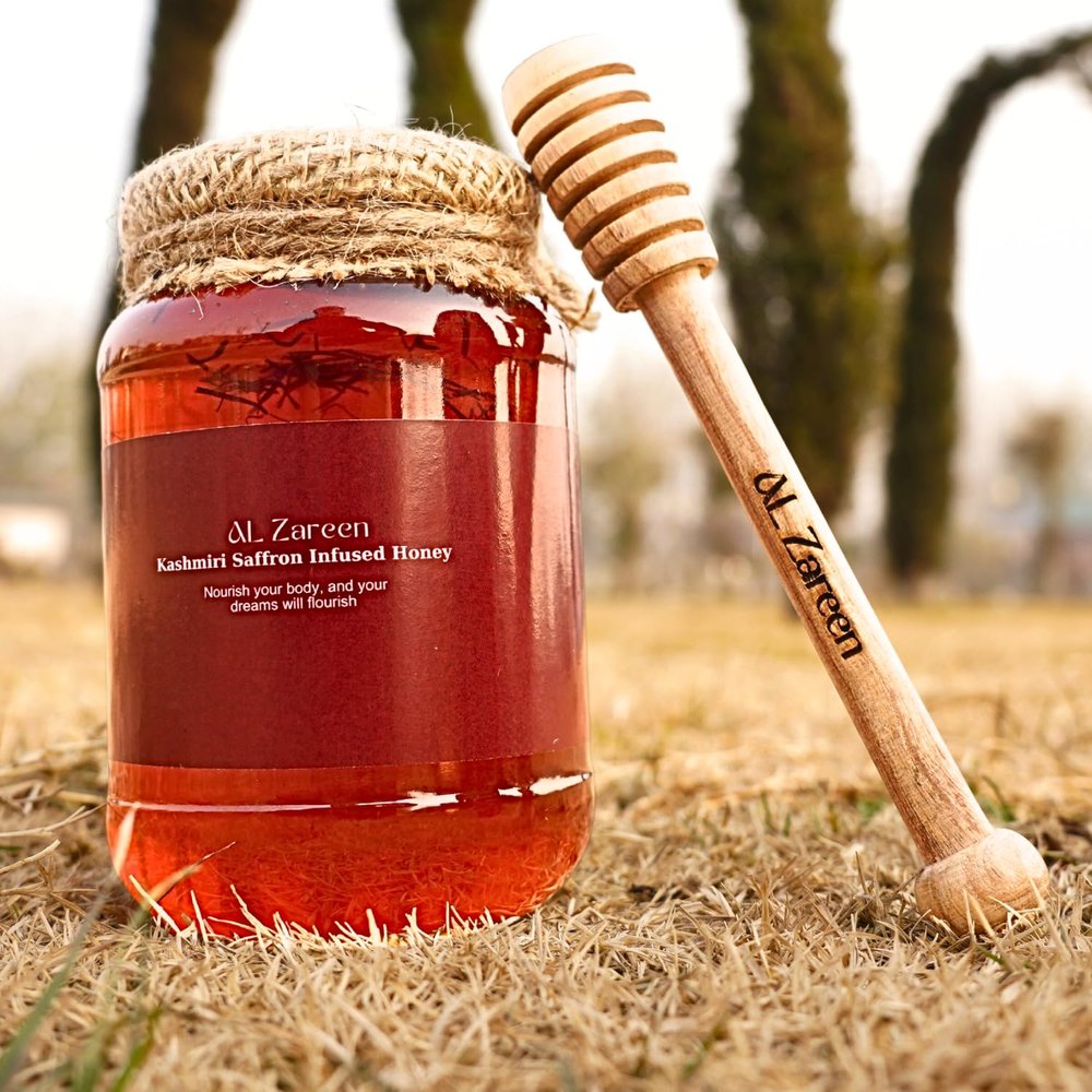Al Zareen Saffron-Infused Wild Honey Pure Kashmiri Wildflower Honey with Grade 1 Saffron Strands I with Neem Wooden Honey DipperI No Sugar, No Preservatives | Handcrafted in Kashmir 500g Glass Jar