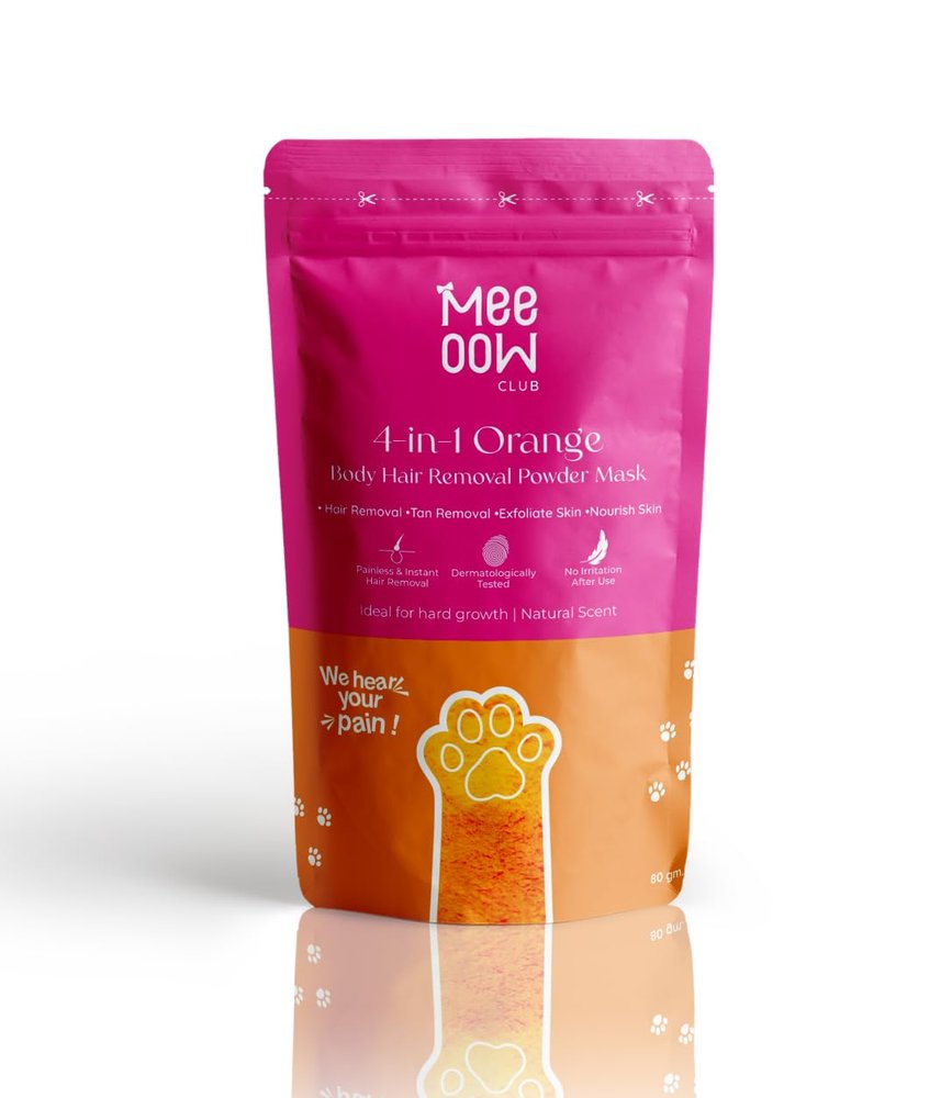 MEEOOW CLUB 4-in-1 Orange Body Hair Removal Powder Mask for Women & Men | Instant Painless Hair Removal, Tan Removal, Exfoliation & Skin Nourishment | Natural Scent, No Irritation (80g)