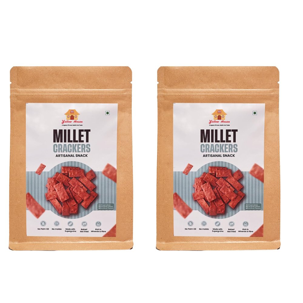 Yellow House Millet Crackers, Deliciously Crunchy & Baked, 100g - Ideal for Healthy Snacking & Party Platters pack of 2
