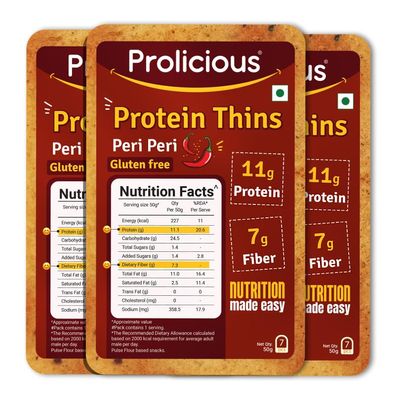 Prolicious Peri Peri High Protein Thins | NO Palm Oil | Crispy & Nutritious Snack Chips (50g Pack of 3)