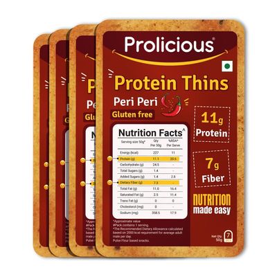 Prolicious High Protein & High Fiber Peri Peri thins | Gluten Free | No Maida | Healthy Snack | Easy to Carry | 50g each, Pack of 4