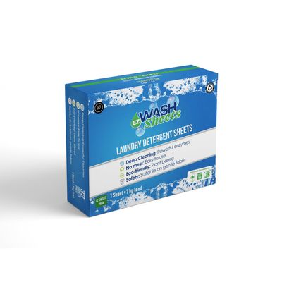 EZ Wash Laundry Detergent Sheets, 32 Count, Plant-Based Deep Cleaning Formula, 1 Sheet per 7kg Load, Eco-Friendly, Travel-Friendly, Zero Waste, Safe for Sensitive Skin, Works in All Machines