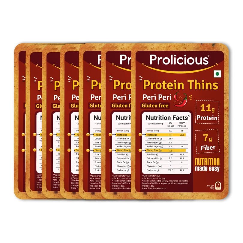 Prolicious High Protein & High Fiber Peri Peri thins | Gluten Free | No Maida | Healthy Snack | Easy to Carry | 50g each, Pack of 7