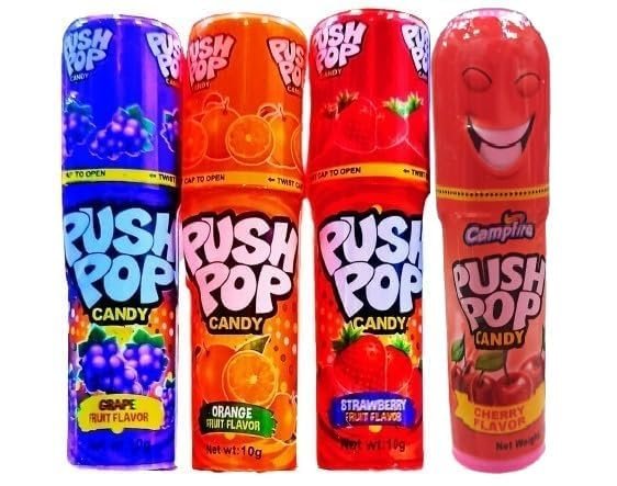 Push Pops Candy Fruit Flavours Assorted Grape Orange Strawberry Cherry Each10g Pack of 4 (Imported)