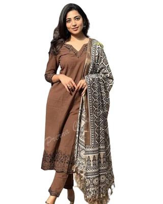 Artsea craft Women Pure Cotton Brown Kurti Pant Dupatta Set Size -XL