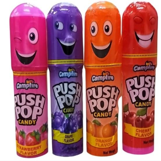 Campfire Push Pop Candy, Assorted Fruit Flavours, Cherry, Grape, Strawberry, Orange, Pack of 4 (Imported)