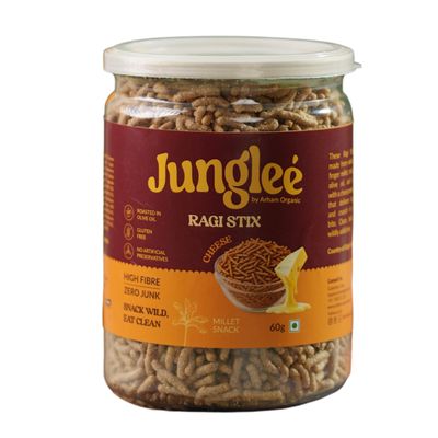 Arham Organic Jungle Ragi Stix Cheese Flavor, 60g | Crunchy Millet Snack | High in Protein & Fibre | Rich in Calcium | No Artificial Preservatives | Healthy & Nutritious Snack (Pack of 1)