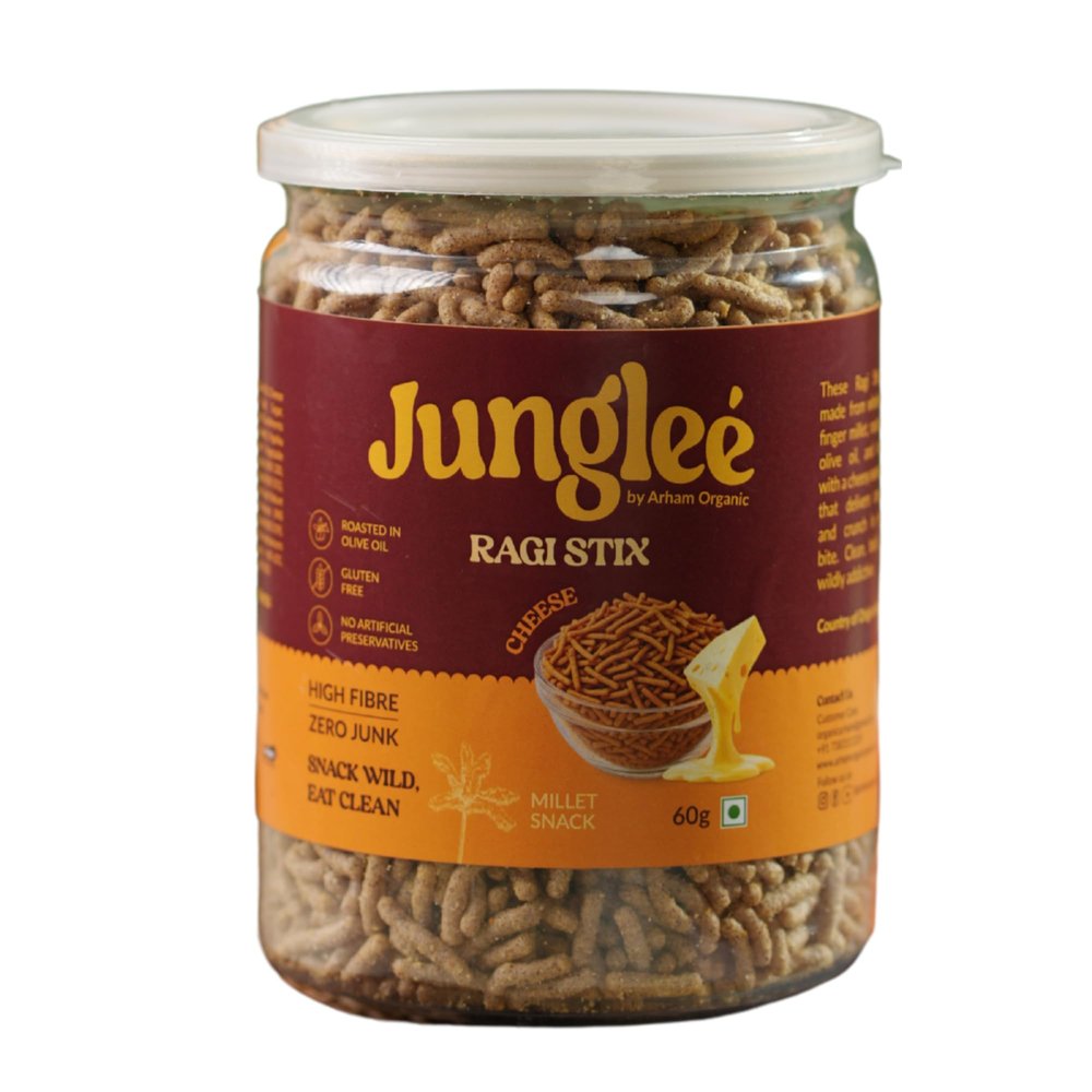 Arham Organic Jungle Ragi Stix  Cheese Flavor, 60g | Crunchy Millet Snack | High in Protein & Fibre | Rich in Calcium | No Artificial Preservatives | Healthy & Nutritious Snack (Pack of 1)