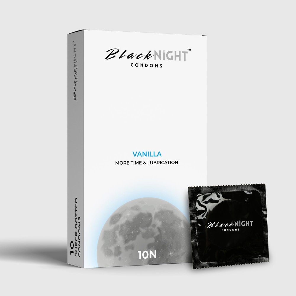 BlackNight More Time & Super Dotted Flavored Condoms for Men Honeymoon Special Pack of 10 (Lubricated, Premium Latex, Dotted, Flavored) (Pack Of 1, Vanila)