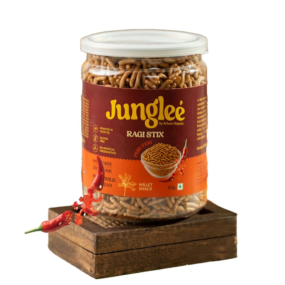 Arham Organic Jungle Ragi Stix  Peri Peri Flavor, 60g | Crunchy Millet Snack | High in Protein & Fibre | Rich in Calcium | No Artificial Preservatives | Healthy & Nutritious Snack (Pack of 1)