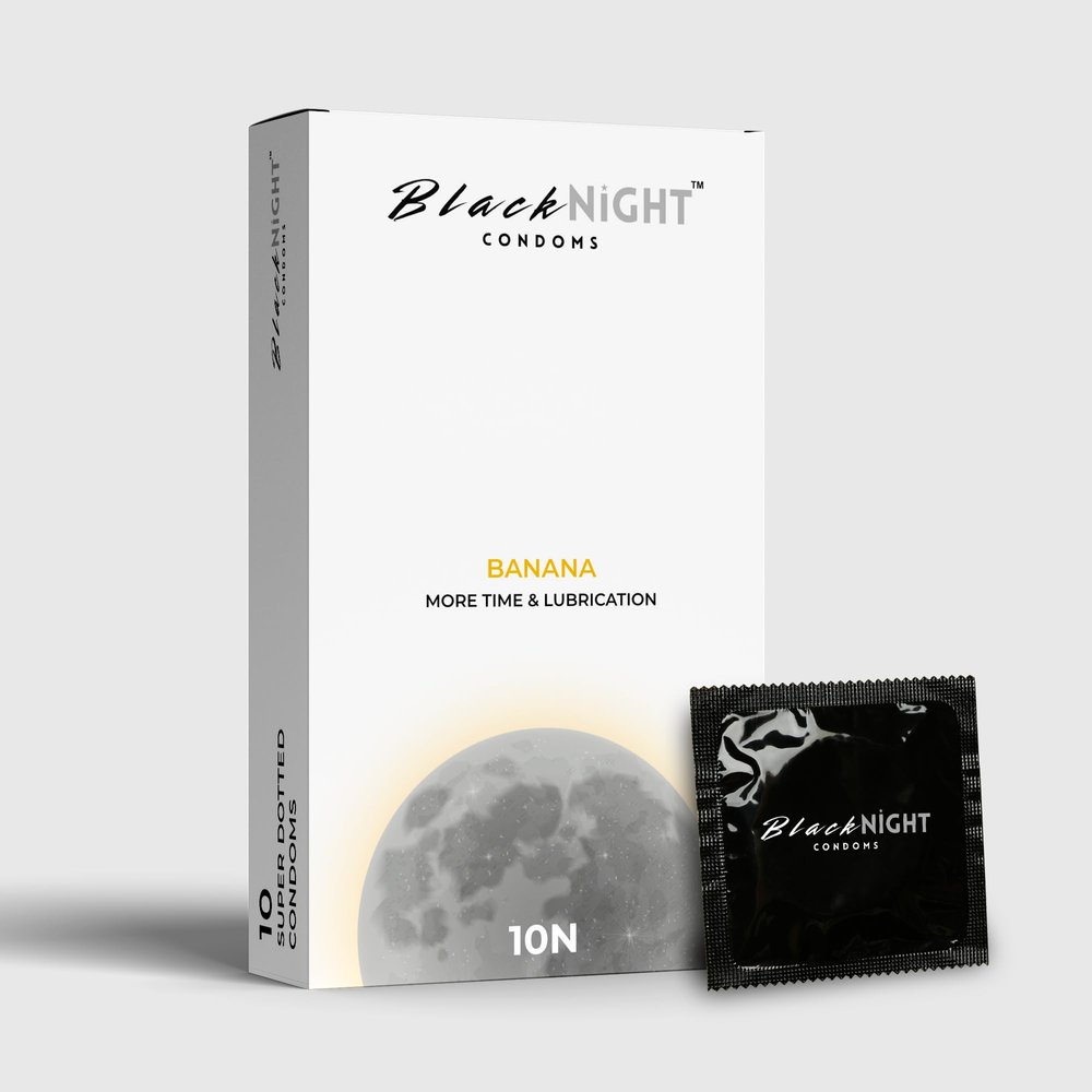BlackNight More Time & Super Dotted Flavored Condoms for Men  Honeymoon Special  Pack of 10 (Lubricated, Premium Latex, Dotted, Flavored) (Pack Of 1, Banana)