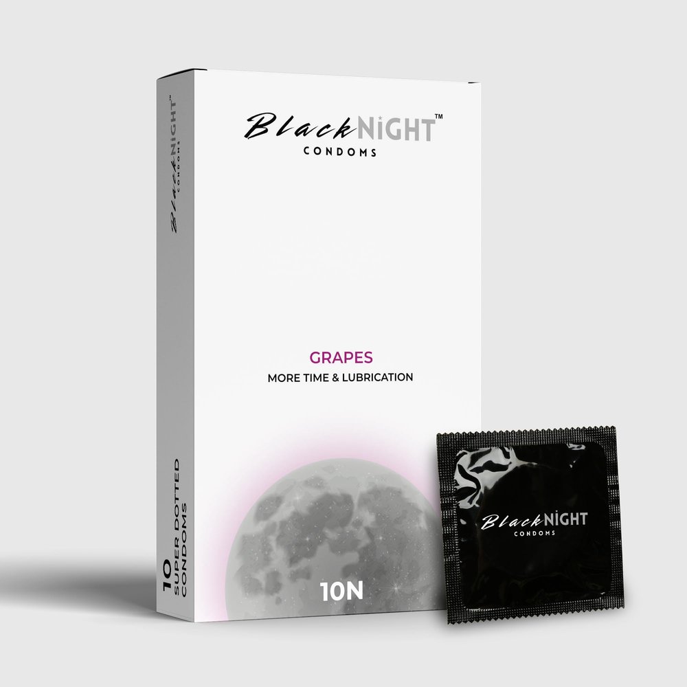 BlackNight More Time & Super Dotted Flavored Condoms for Men Honeymoon Special Pack of 10 (Lubricated, Premium Latex, Dotted, Flavored) (Pack Of 1, Grapes)