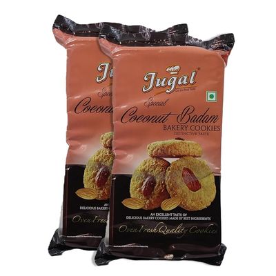 Jugal Bakers Coconut Badam Bakery Cookies (Pack of 2, 400gm) Crunchy Almond & Nariyal Digestive Biscuits, Dry Fruits Cookies, Indian Festival Gift, Healhty Tea Time Snacks