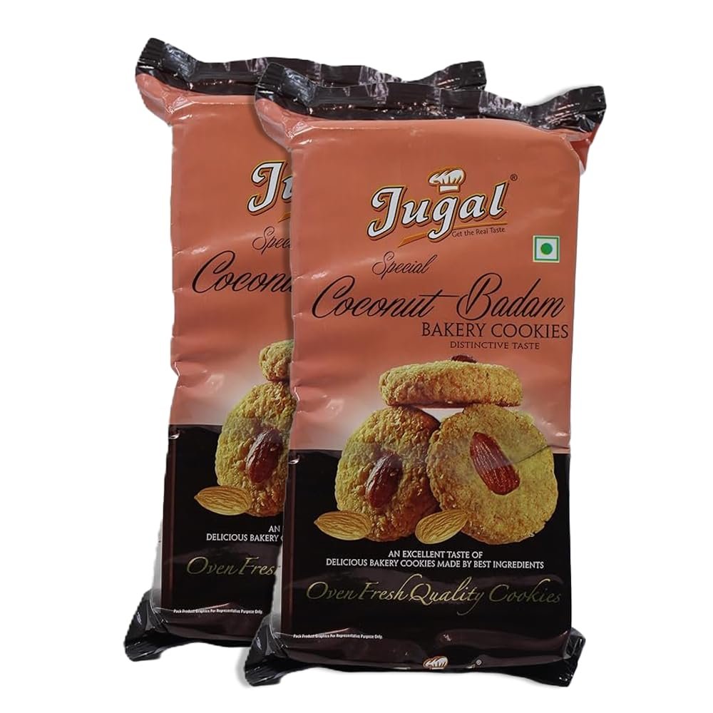 Jugal Bakers Coconut Badam Bakery Cookies (Pack of 2, 400gm) Crunchy Almond & Nariyal Digestive Biscuits, Dry Fruits Cookies, Indian Festival Gift, Healhty Tea Time Snacks