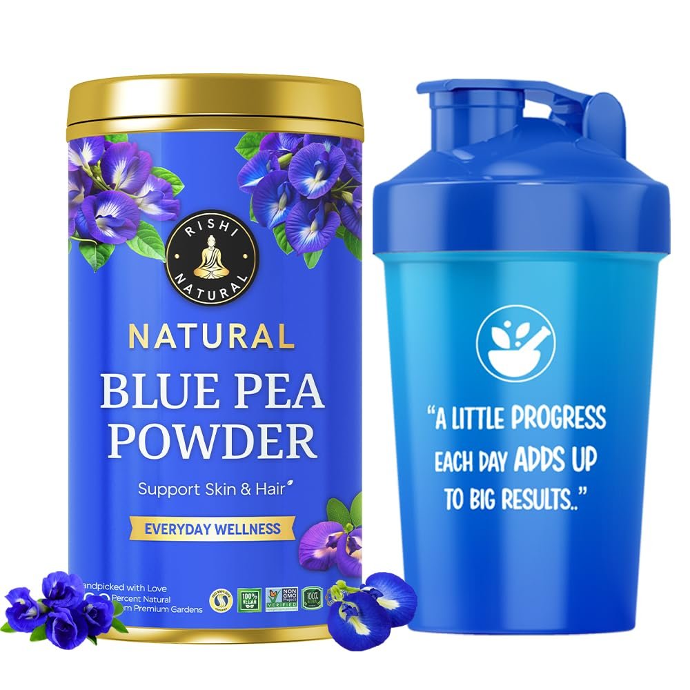 Rishi Natural Blue Pea Powder (25 Grams + Shaker) - Blue Matcha | Blue Latte for Hair, Glowing Skin, Eyesight & Digestion