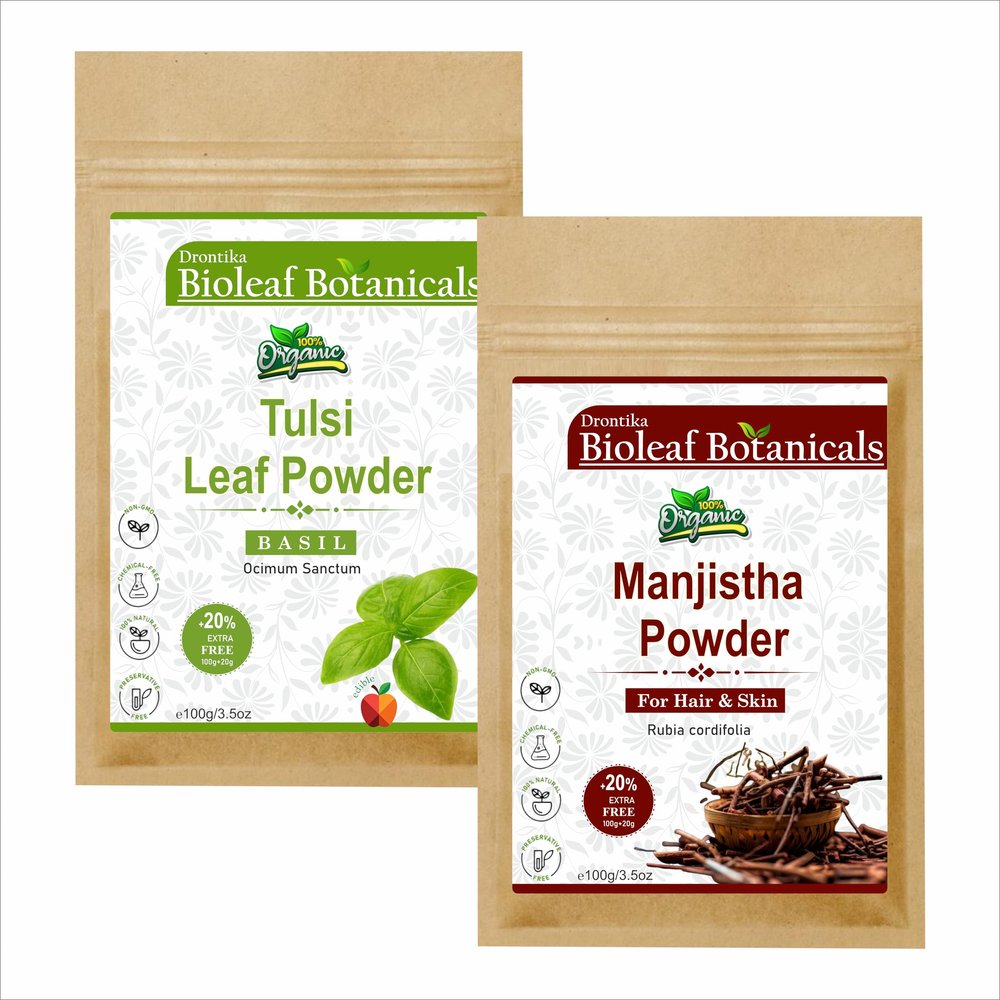 Bioleaf Botanicals Tulsi & Manjistha Powder 100% Pure Herbal Blend for Clear Skin, Detox Natural Anti-Inflammatory, Antioxidant & Skin Rejuvenating (200g)