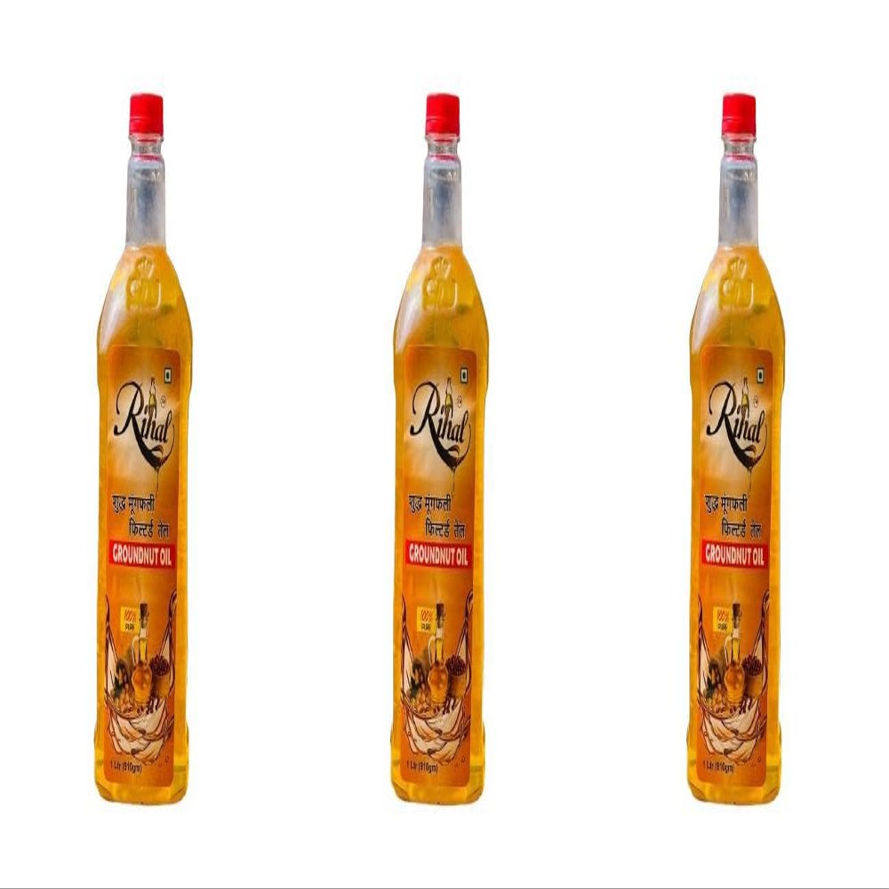 Rihal Pure & Unrefined Cold Pressed Groundnut (Peanut) Oil,Kolhu/Kacchi Ghani/Mara Chekku/Ganuga,Naturally Cholesterol Free,Rich Aroma & Flavour Of Real Groundnuts | 1 Litre x 3
