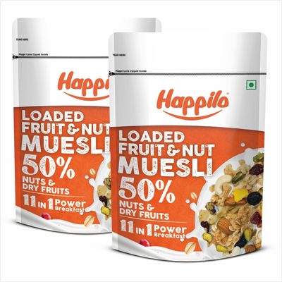 Happilo Loaded Fruit & Nuts Muesli 400g, Healthy Food for Breakfast, 50% Dried Fruits & Nuts, 4 Whole Grains, Prebiotics Fiber, Naturally Cholesterol Free, No Added Sugar (Pack of 2)