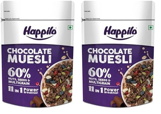 Happilo Chocolate Muesli 450g, 60% Nuts, Seeds and Multigrain, 11 in 1 Power Breakfast, High in Fiber, Protein (Pack of 2)