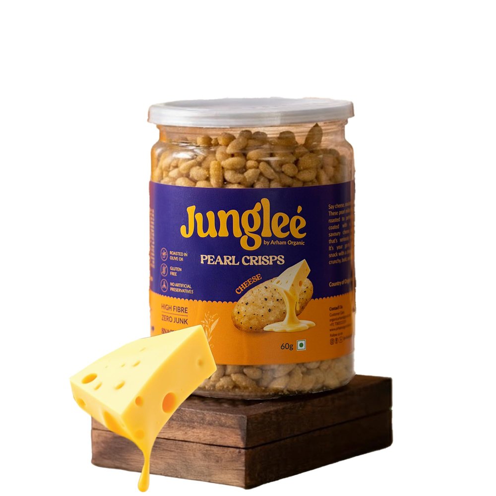 Arham Organic 60Gm Jungle Pearl Crisps Cheese Flavor | Roasted with Olive Oil | No Palm Oil or Preservatives | Gluten Free | High Fiber Snack (Pack of 1)