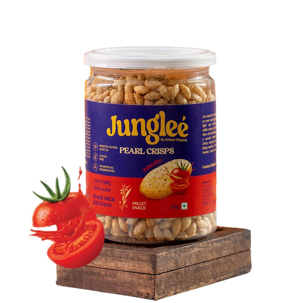 Arham Organic 60Gm Jungle Pearl Crisps Tomato Flavor | Roasted with Olive Oil | No Palm Oil or Preservatives | Gluten Free | High Fiber Snack (Pack of 1)