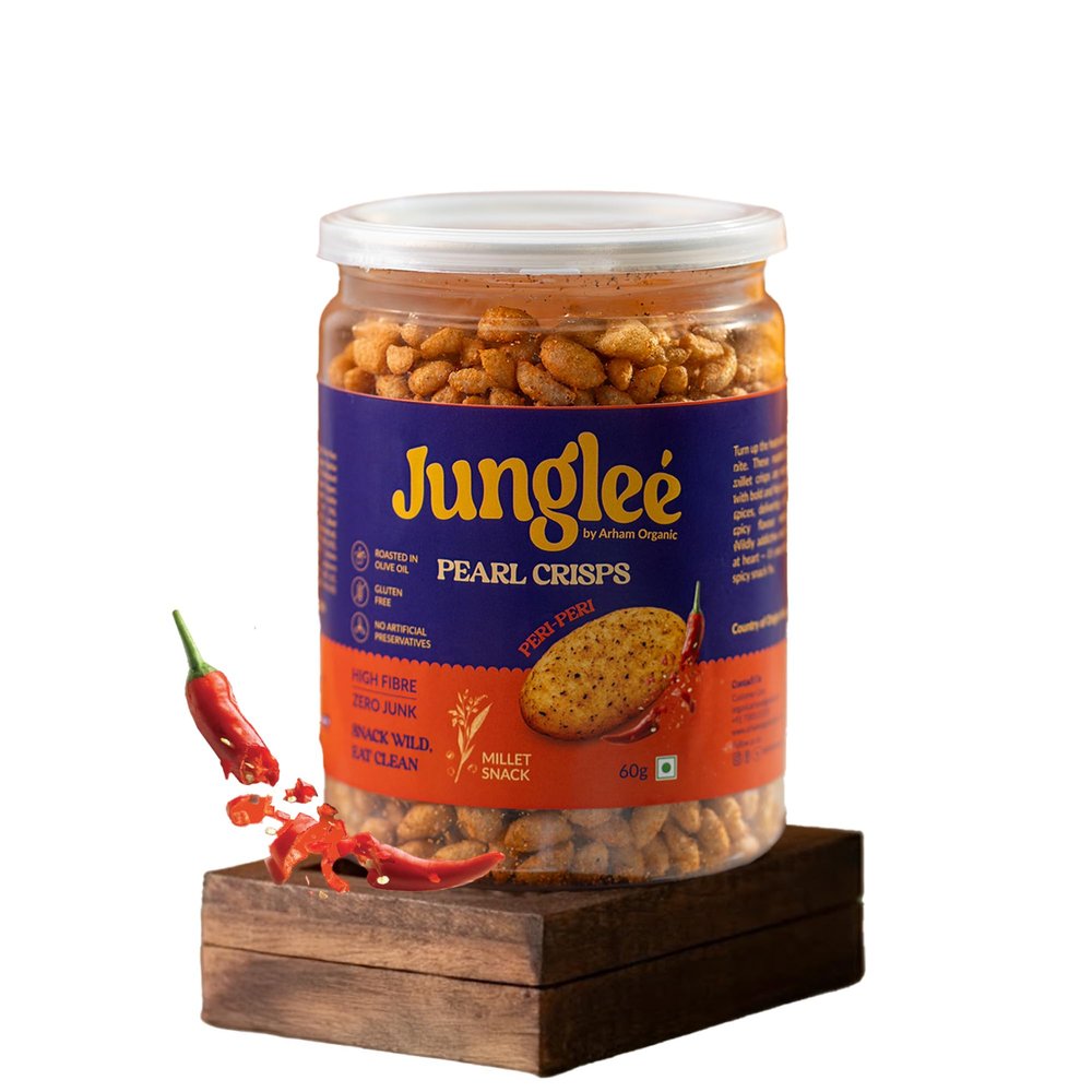 Arham Organic 60Gm Jungle Pearl Crisps Peri Peri Flavor | Roasted with Olive Oil | No Palm Oil or Preservatives | Gluten Free | High Fiber Snack (Pack of 1)