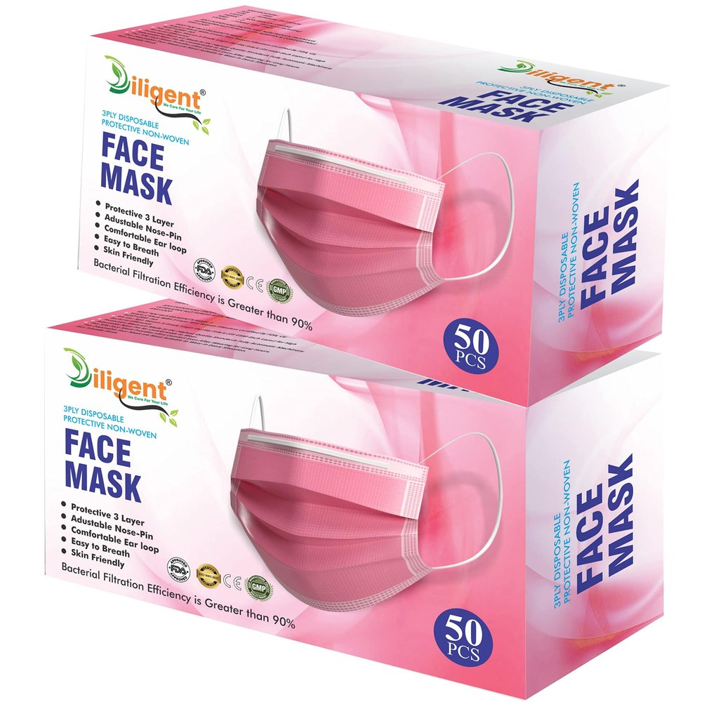 Diligent- We Care For your Life Disposable 3 Layer Protective Face Mask for Daily Safety | Non-Woven Surgical Style Mask with Soft Ear Loops & Adjustable Nose Strip | (Pack of 100, Pink)