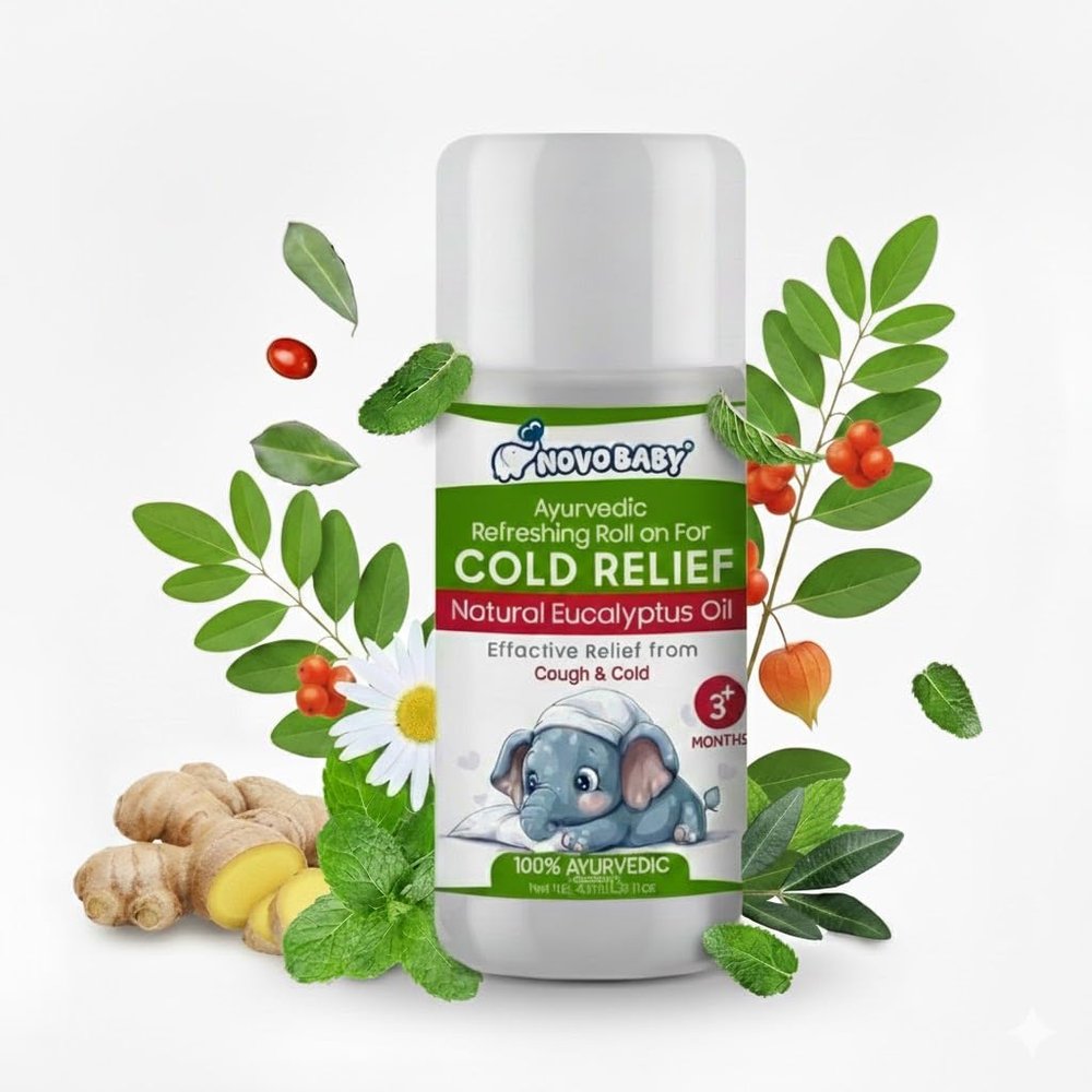 Novo Baby Natural Cold Relief Roll-On | Natural Eucalyptus Oil And Peppermint Oils Formula for Cold And Cough, Nose Block & Chest Congestion - 40ml