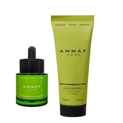 Annay Care De Pigmentation Skincare Duo Age Defying Skin Serum (30ml) + De Ten Face Wash with Carica Papaya Extract (75ml) Brightening, Skin Tone Balancing & Anti-Aging Skincare