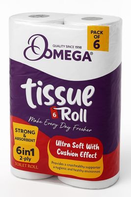 Omega Tissue Roll - 6 Rolls Pack | Ultra Soft Cushion Effect | 2-Ply Toilet Paper | 6-in-1 Strong & Absorbent | Bathroom Tissue | Hygienic & Skin Friendly | 1500 Pulls