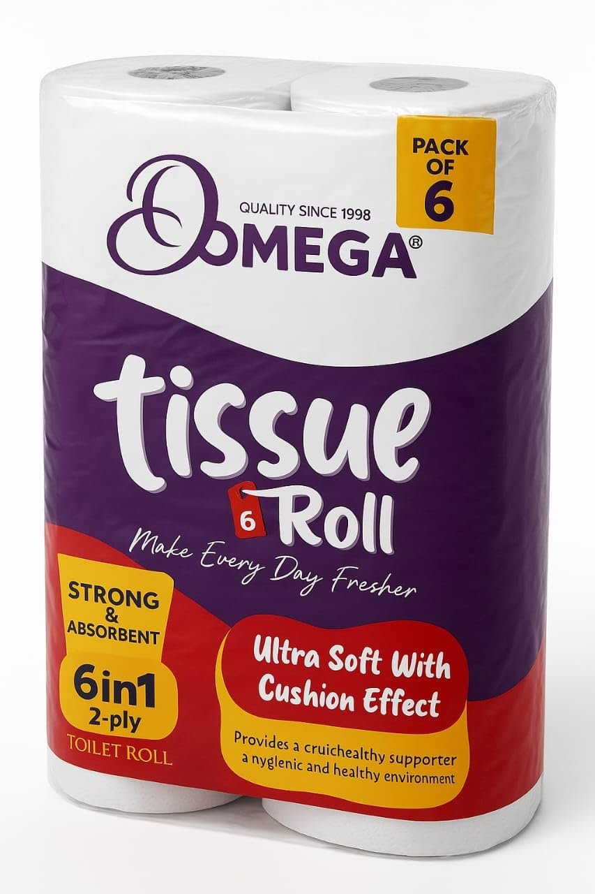 Omega Tissue Roll - 6 Rolls Pack | Ultra Soft Cushion Effect | 2-Ply Toilet Paper | 6-in-1 Strong & Absorbent | Bathroom Tissue | Hygienic & Skin Friendly | 1500 Pulls