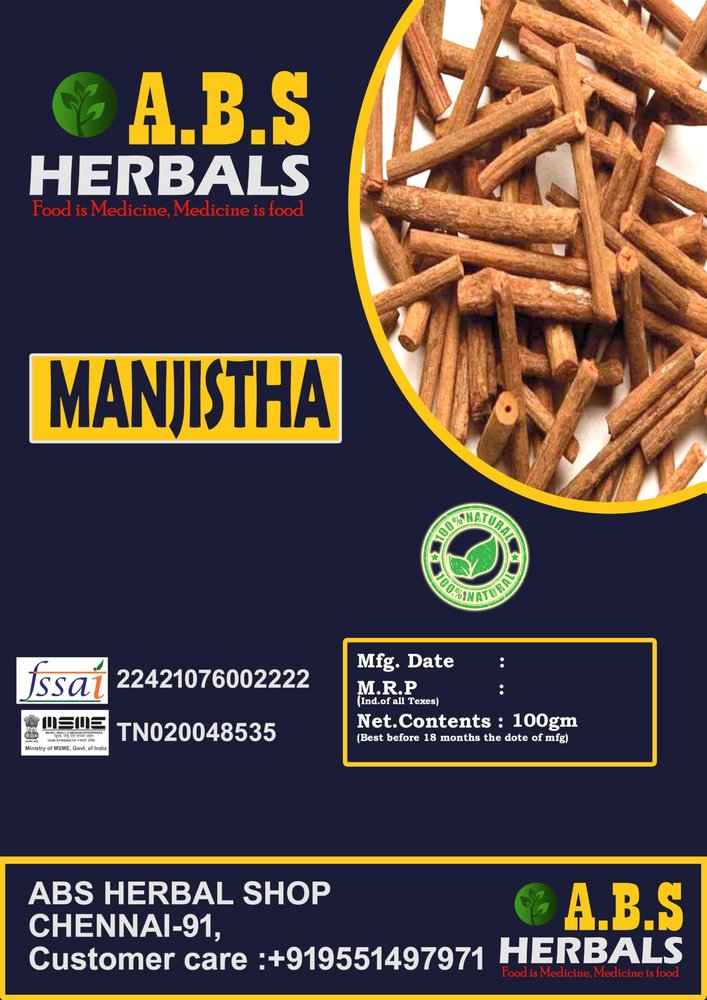 ABS HERBALS: Manjistha,Manjittai,Rubia cordifolia.(PACK OF100GM).