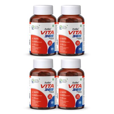 Fytika Vita 365, 3 in 1 Multivitamin - Boosts Energy, Gut Health, Manages Stress, Ashwagandha, Probiotics, Ginseng, For Men, Women - 120 Tablets (Pack of 4)