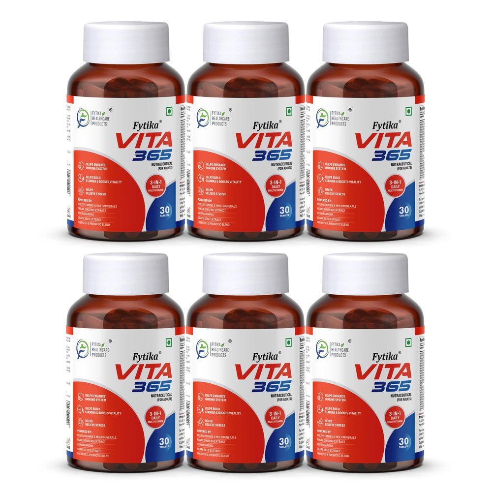 Fytika Vita 365, 3 in 1 Multivitamin - Boosts Energy, Gut Health, Manages Stress, Ashwagandha, Probiotics, Ginseng, For Men, Women - 180 Tablets (Pack of 6)