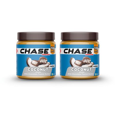 Chase High Protein Peanut Butter Creamy 400g x 2 | With Isolate Whey & 120g Protein in Jar | 12g Per Serve | Milk Chocolate Coconut Flavour with Coconut Shreds | Nut Butter for Breakfast, Fitness, Gym