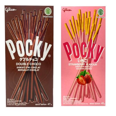 Pocky Double Choco Cream Covered Biscuit Stick (47g) And Pocky Strawberry (45g) | Imported