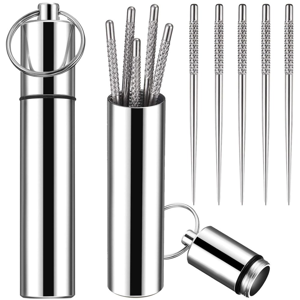 Glamore Point Portable Mini Pocket Toothpick Holder with 10 Pieces Reusable Titanium Toothpicks Waterproof Toothpick Case Toothpick Fruit Picks with Keyring for Outdoor Picnic Camping