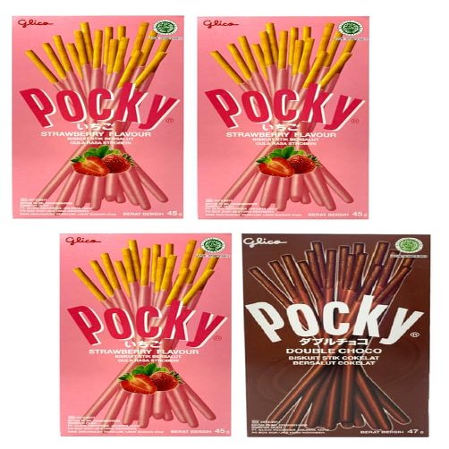Pocky Double Choco Covered Biscuit Stick (Pack Of 1 * 47g) And Pocky Strawberry (Pack Of 3 * 45g) | Imported