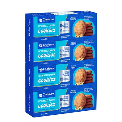 Chefouse Little Millet Cashew Cookies -100g Pack of 4, Crunchy Cookies with Cashew Nut, Jaggery Sweetened, No Maida, No Refined Sugar, Cashew Cookies, Healthy Snacking Biscuits