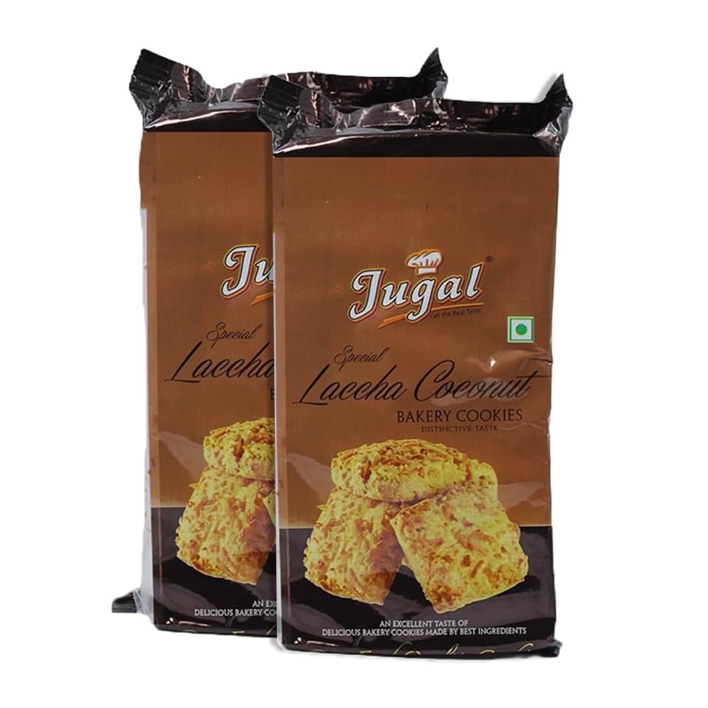 Jugal Bakers Laccha Coconut Cookies (Pack of 2, 200gm Each) Nariyal Biscuits, Healthy Evening Tea Snacks, Baked Nariyal Cookie, Tasty Bakery Cookies