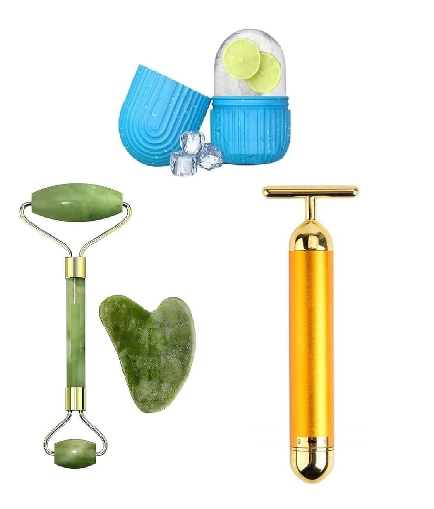 2025 Facial Massager Jade Roller & Gua Sha Tool Natural Himalayan Stone For Face Neck Healing Skin Wrinkles & Ice Massager With T Shape Gold Energy Beauty Bar Electric Vibration Facial Massage Combo Offer .