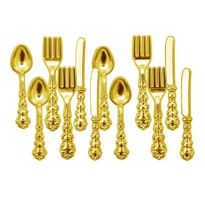 Fashion My Day 2x1:12 Dollhouse Miniature Tableware Toys 1/12 Fork Spoon Set Golden | Modern | Clothes & Accessories | Dolls