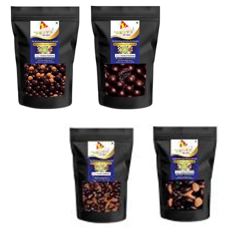 Leeve Dry Fruits Choco Coated Almonds, Raisin, Dates,Butterscotch Nut Combo Pack | High Fiber, Rich In Protein | Chocolate Coated Nuts | Preservatives Free Ideal for Travel | 200gm Each, Pack of 4