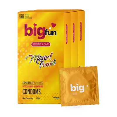 Bigfun Mixed Fruits Flavoured Condoms | Dotted, Ribbed & Contoured for Higher Pleasure | Natural Rubber Latex | Lubricated for Excitement & Satisfaction | Fun Fruity Flavour Pack of 3 - Total 30 Pcs