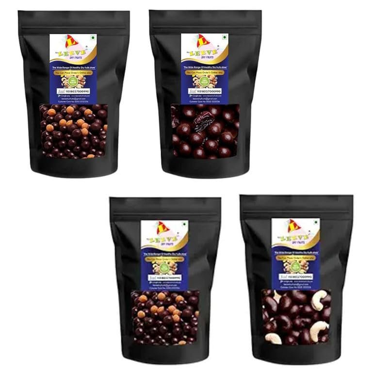 Leeve Dry Fruits Choco Coated Cashew, Dates,Butterscotch Nut Combo Pack | High Fiber & Rich In Protein | Chocolate Coated Delicious Nuts | Preservatives Free Ideal for Travel | 200gm Each, Pack of 4