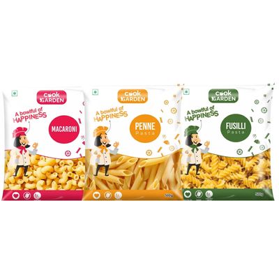 Cook Garden 100% Semolina | High Protein Healthy Diet | Maida Free & Cholesterol Free Macaroni, Fusilli, Penne Rigate Pasta (Pack of 3, 1500 g)